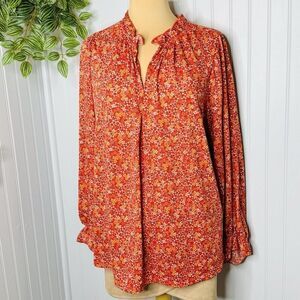 Max Studio Womens Plus Sz 1X Ruffle Neck Top Red White Floral Long Sleeve BOHO